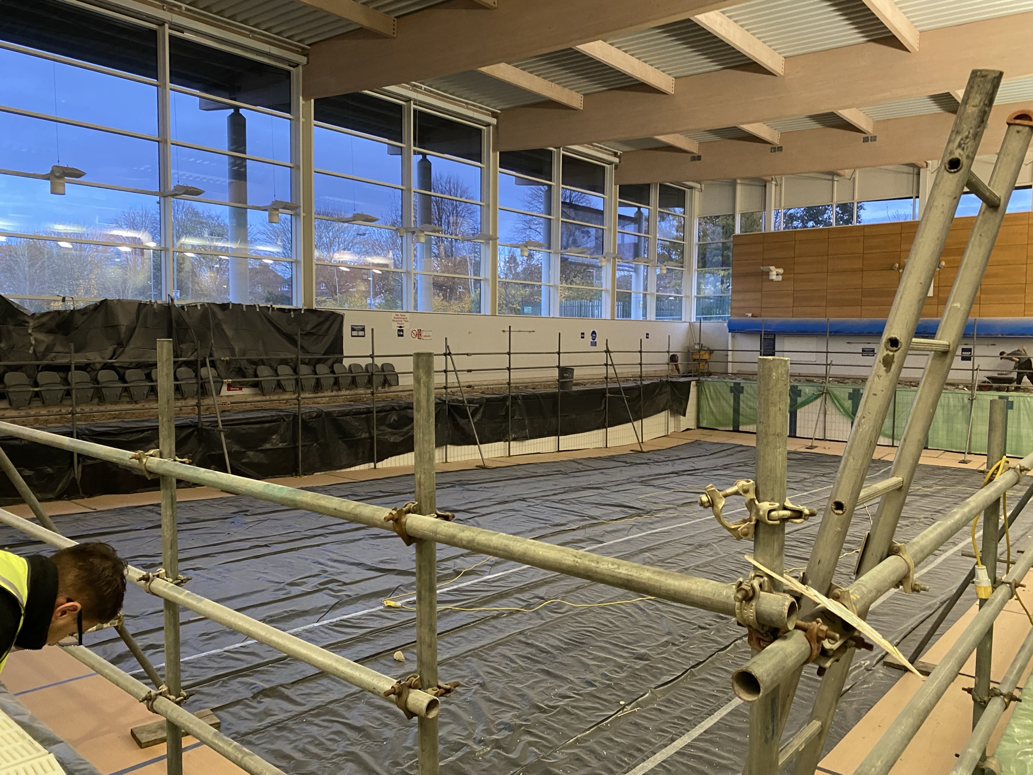 Pool refurbishment works with scaffold and protection in place